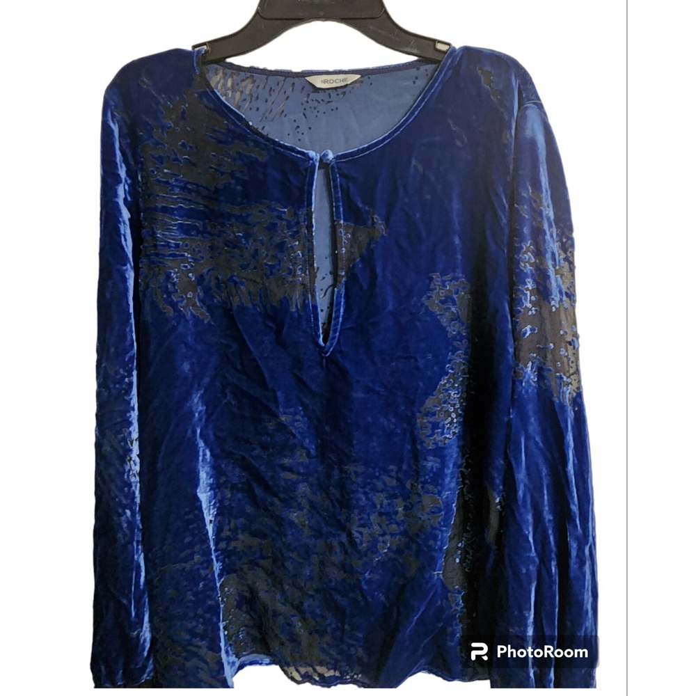 St. Roche Blouse Navy Blue Top Velvet Burnout Shirt Long Sleeve Size Small‎